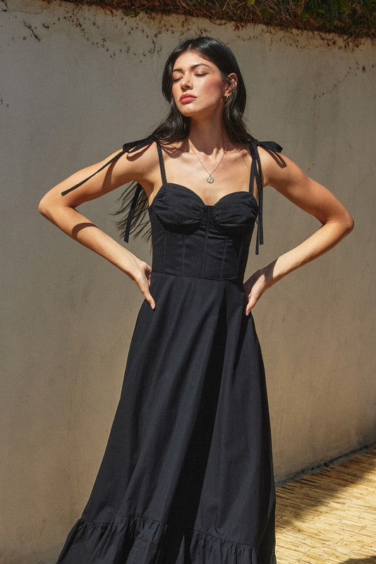 1538 Ruffle Skirt Shoulder Bow Maxi Dress
