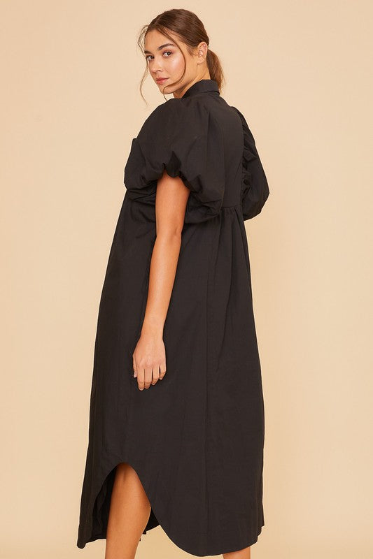 1134 V-Neck Bubble Sleeve Buttons Dress