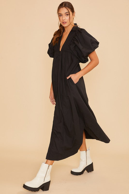 1134 V-Neck Bubble Sleeve Buttons Dress