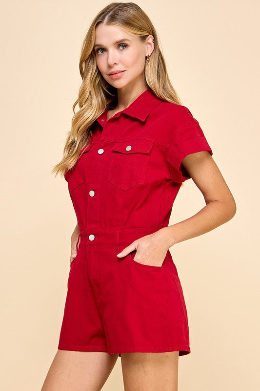 1158 Red Denim Romper