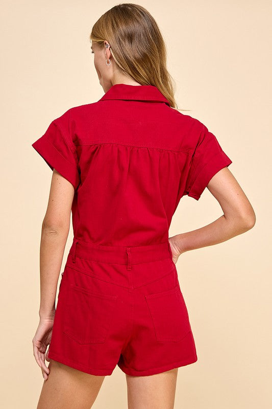 1158 Red Denim Romper