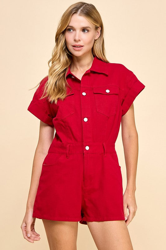 1158 Red Denim Romper
