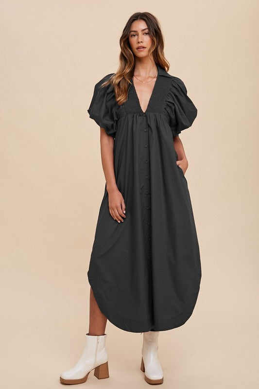 1134 V-Neck Bubble Sleeve Buttons Dress