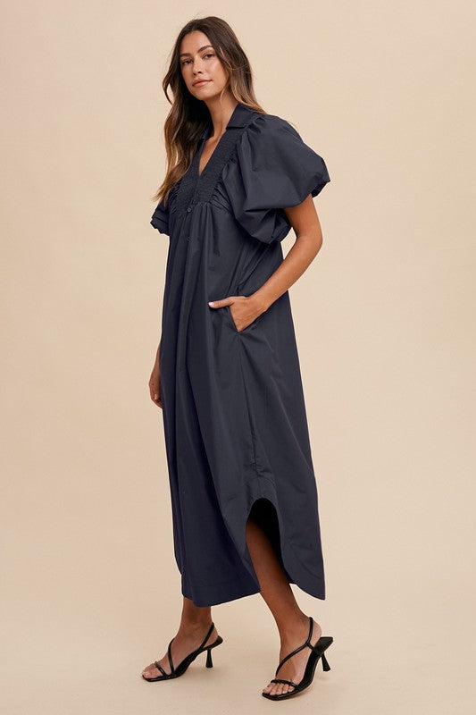1134 V-Neck Bubble Sleeve Buttons Dress