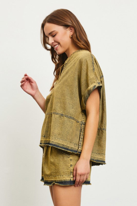 1336 Olive Denim Short Set