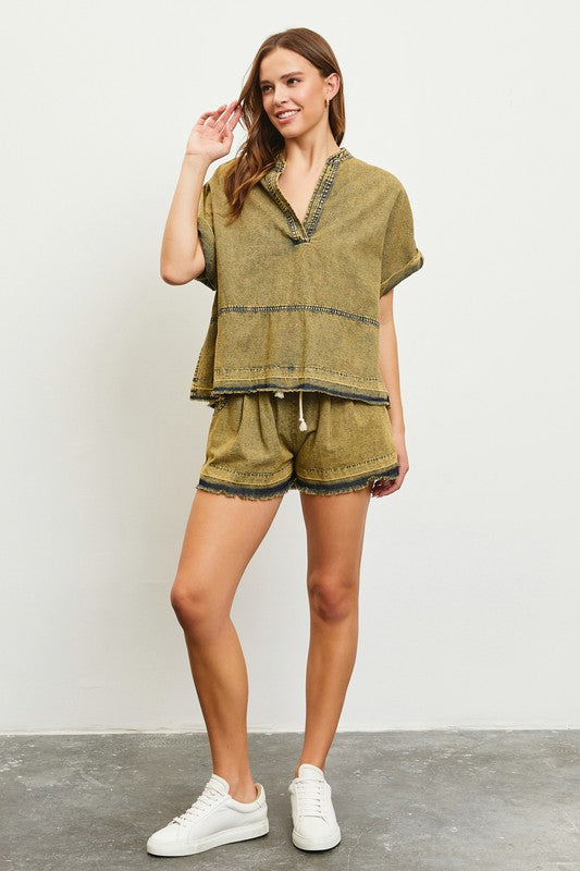 1336 Olive Denim Short Set