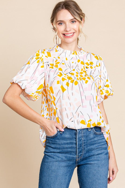 1326 Pink & Yellow Print Bubble Sleeve Top