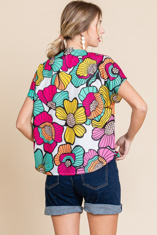 1475 Multi Color Flowers V-Neck Top