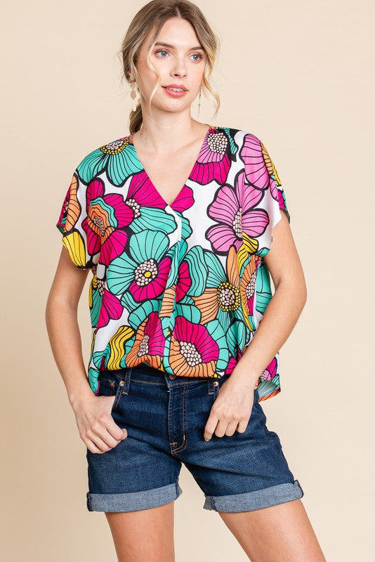 1475 Multi Color Flowers V-Neck Top