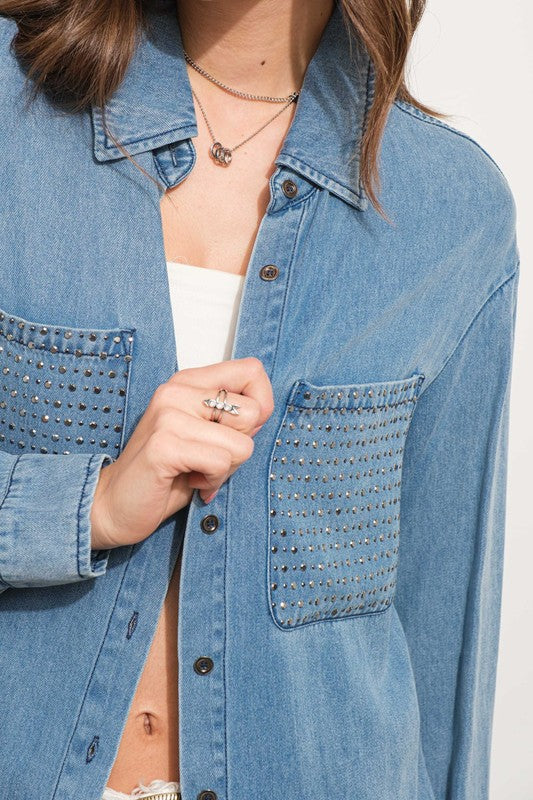 1087 Button Down Denim Studded Shirt