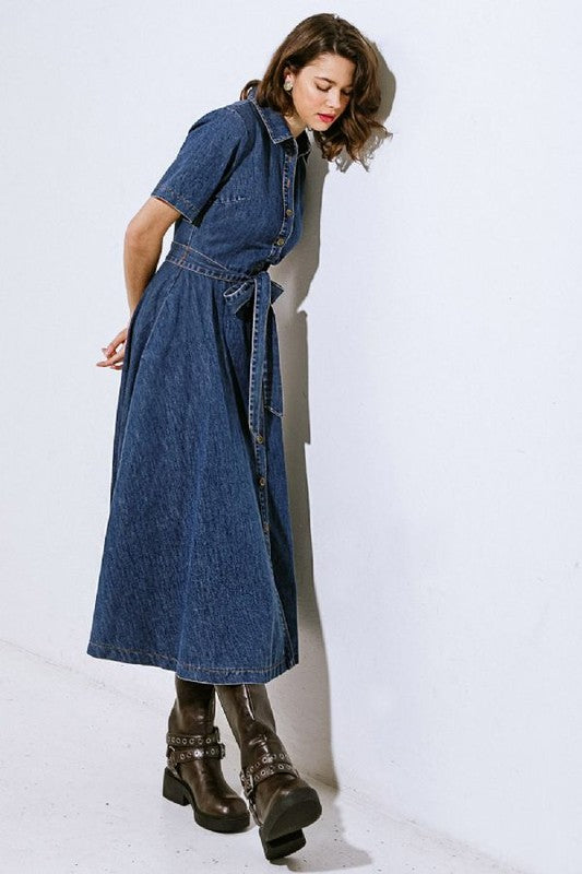 1088 Button Down Midi Indigo Denim Dress