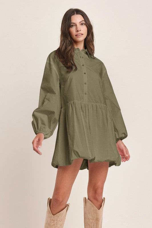 1186 Long Sleeve Button Down Bubble Dress