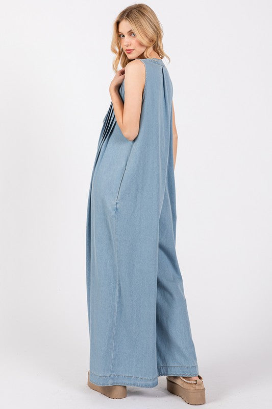 1154 Pleated Denim Jumpsuit