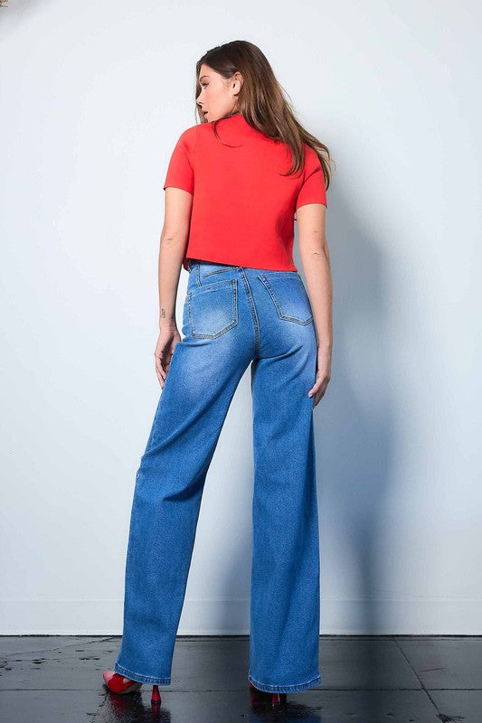 1217 Medium Blue High Rise Wide Leg Jeans
