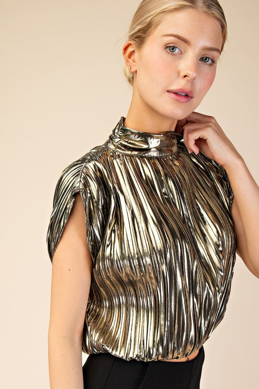 1164 Pleated Metallic High Neck Shirt