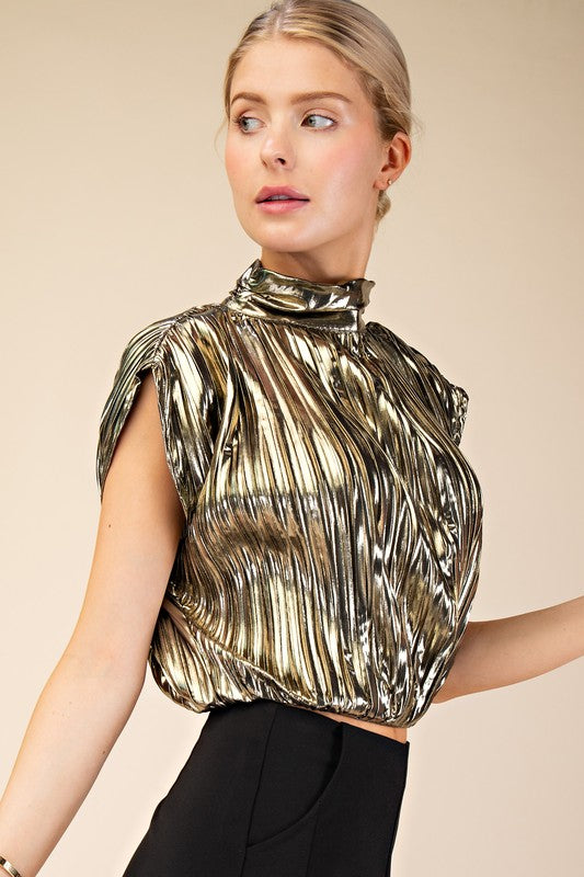 1164 Pleated Metallic High Neck Shirt