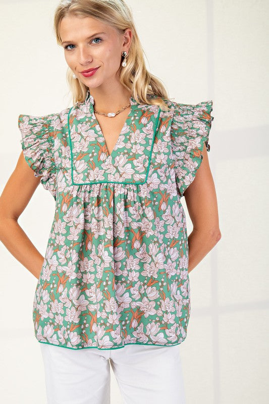 1568 Ruffle Sleeveless Flower Print Top