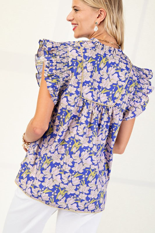 1568 Ruffle Sleeveless Flower Print Top