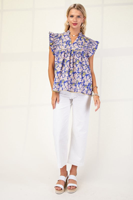 1568 Ruffle Sleeveless Flower Print Top