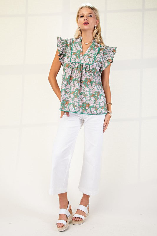 1568 Ruffle Sleeveless Flower Print Top