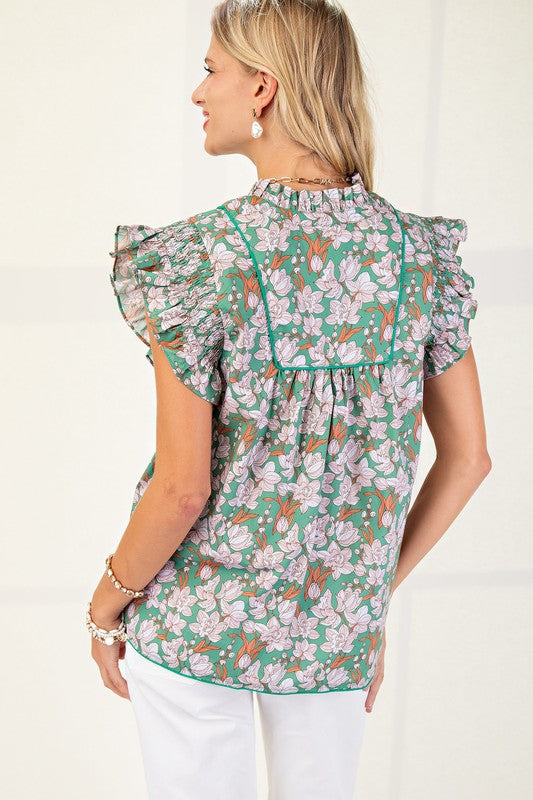 1568 Ruffle Sleeveless Flower Print Top