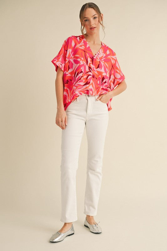 1473 Orange & Pink Print V-Neck Top
