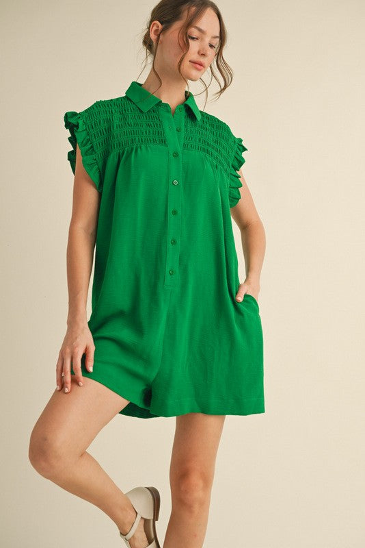 1497 Sleeveless Ruffle Button Down Romper