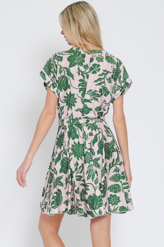 1530 Light Pink & Green Leaf Print Dress