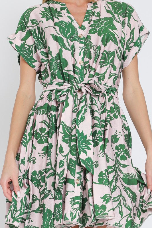 1530 Light Pink & Green Leaf Print Dress