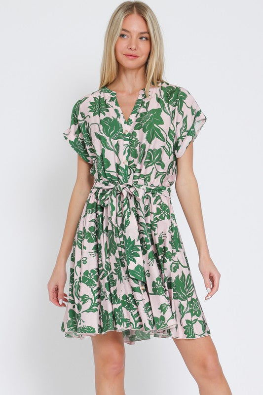 1530 Light Pink & Green Leaf Print Dress