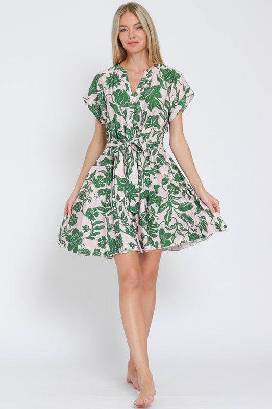 1530 Light Pink & Green Leaf Print Dress
