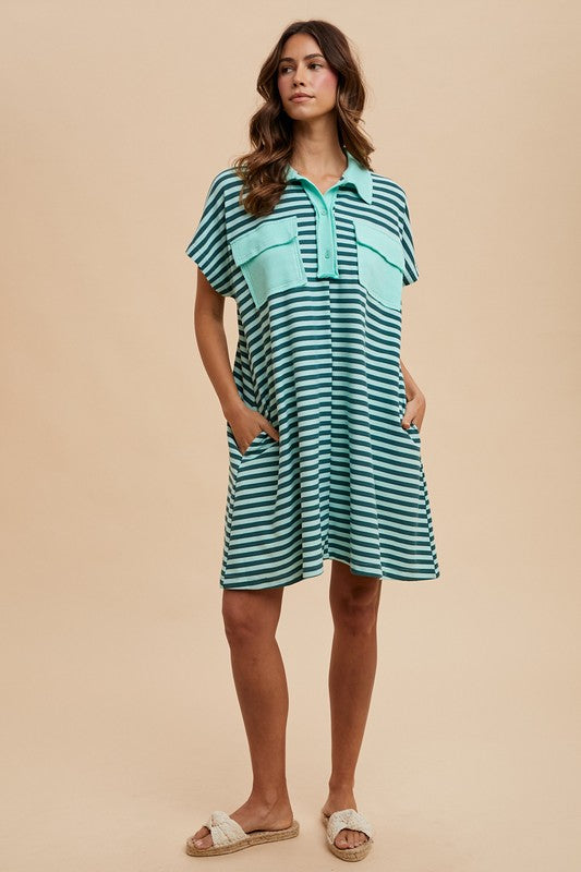 1432 Striped Pockets Polo Dress
