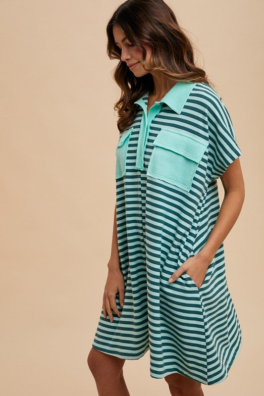 1432 Striped Pockets Polo Dress