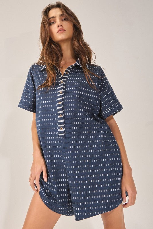 1448 Navy & White Stitch Collared Romper