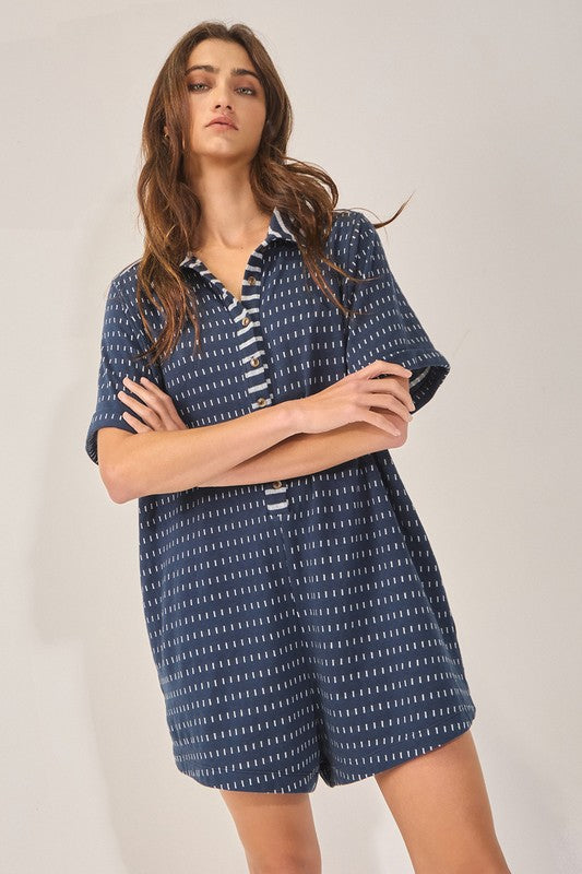 1448 Navy & White Stitch Collared Romper