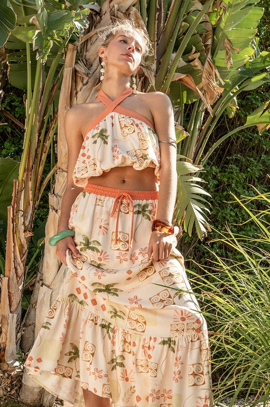1447 Halter Top & Maxi Skirt Palm Set
