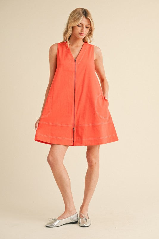 1362 V-Neck Zipper & Pocket Dress