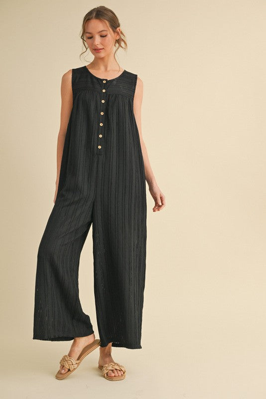 1564 Black Button Down Sleeveless Jumpsuit