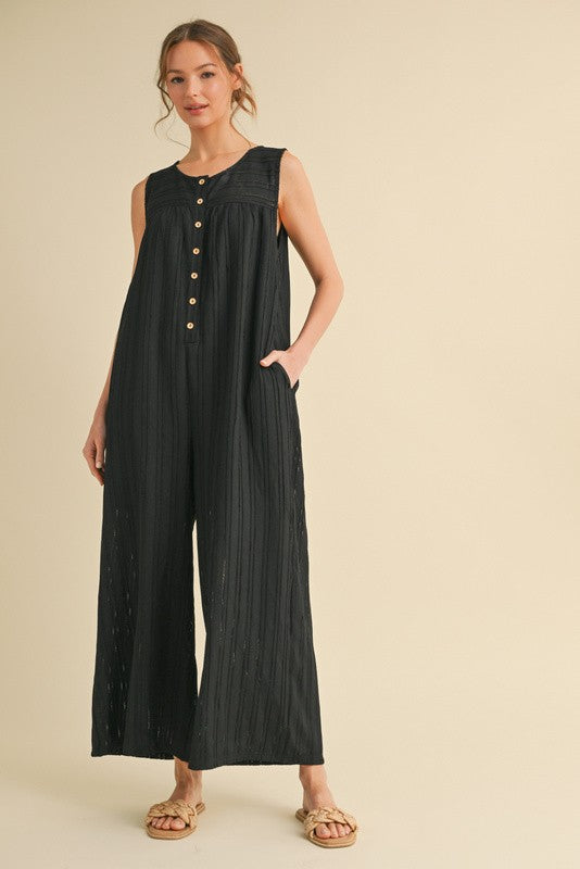 1564 Black Button Down Sleeveless Jumpsuit