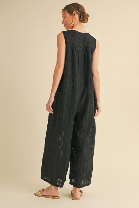1564 Black Button Down Sleeveless Jumpsuit