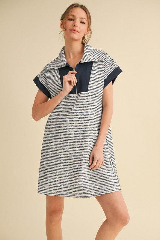 1363 Zipper Big Collar Navy Dress