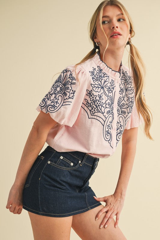 1546 Bubble Sleeve Pink With Embroidered Navy Top