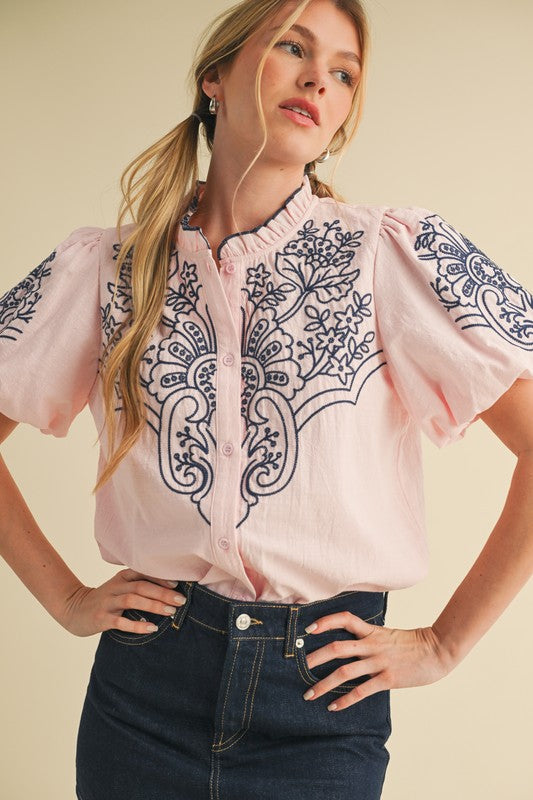 1546 Bubble Sleeve Pink With Embroidered Navy Top