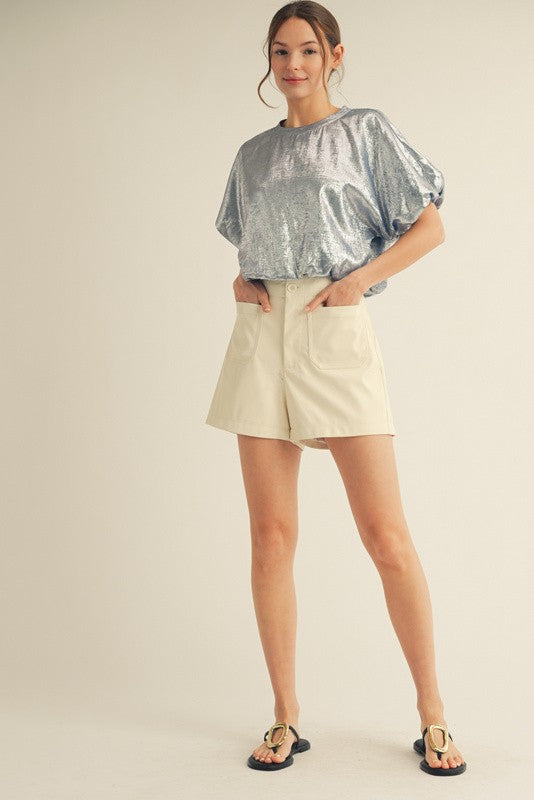1749 Metallic Bubble Sleeve Top