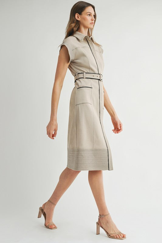 1576 Camel With Black Details Belted Midi Dress