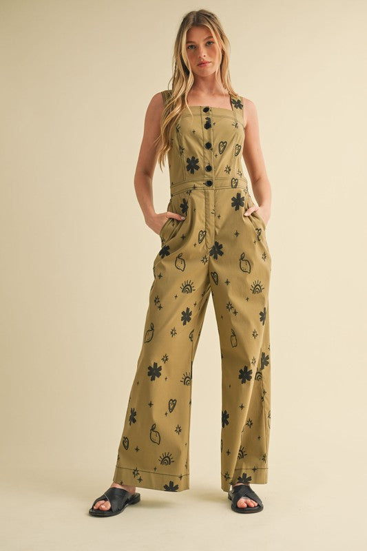 1604 Written Print Khaki And Black Jumpsuit