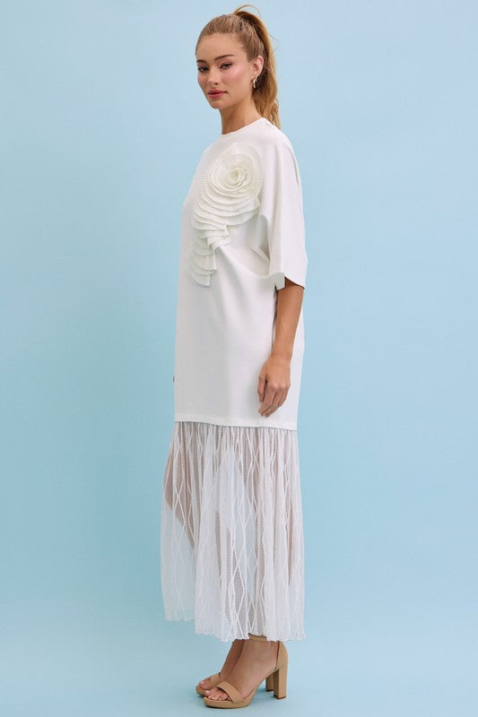 1626 White Ruffle Flower T-Shirt Dress