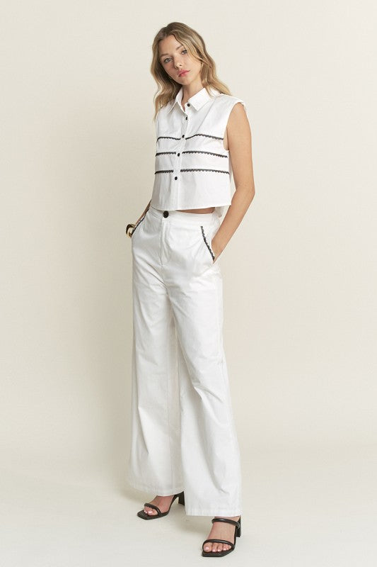 2142 White With Black Trim Pant Set