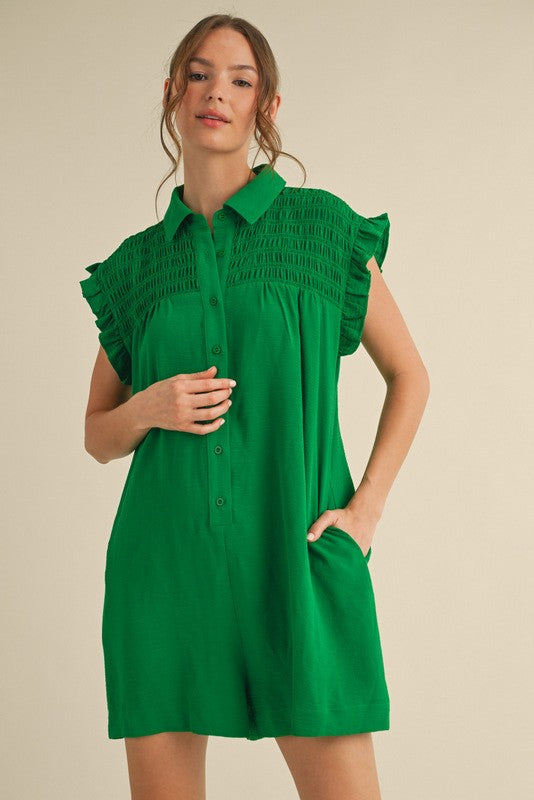 1497 Sleeveless Ruffle Button Down Romper