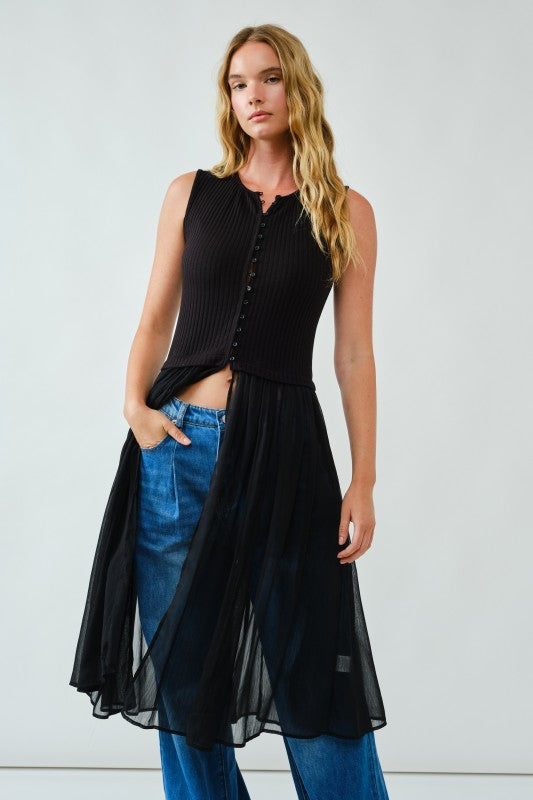 1622 Sleeveless Button Down Sheer Top
